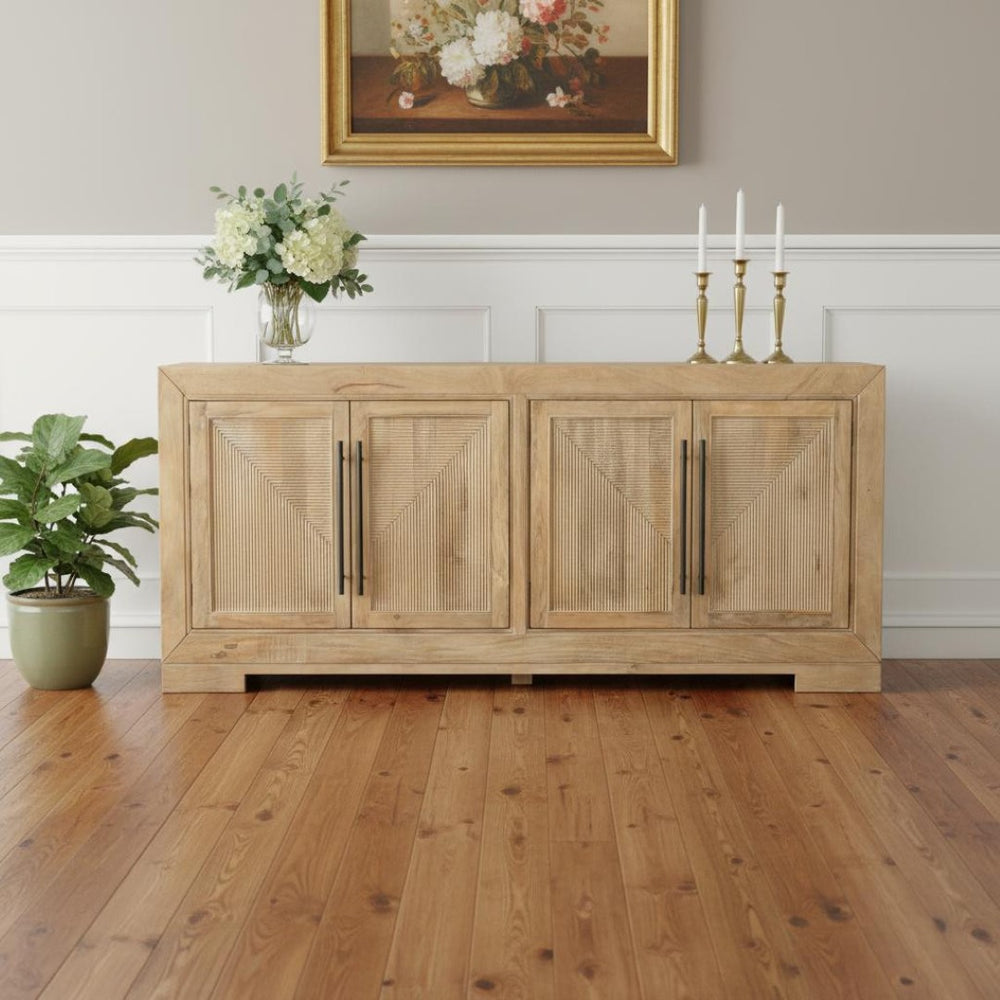 HomeRoots 102" Beige Solid Wood Sideboard with Elegant Carved Design, Ample Storage & Versatile Style 567991