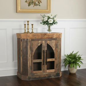 HomeRoots 35" Rustic Brown Distressed Wood Sideboard with Glass Doors – Versatile Storage & Stylish Display 567993