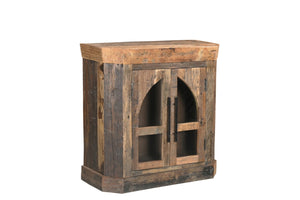 HomeRoots 35" Rustic Brown Distressed Wood Sideboard with Glass Doors – Versatile Storage & Stylish Display 567993