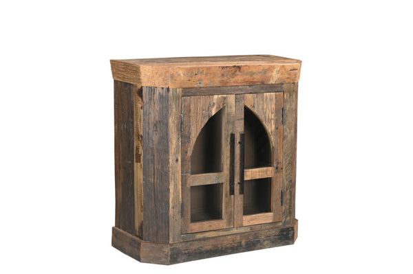 HomeRoots 35" Rustic Brown Distressed Wood Sideboard with Glass Doors – Versatile Storage & Stylish Display 567993