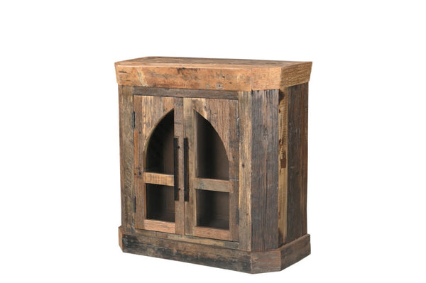 HomeRoots 35" Rustic Brown Distressed Wood Sideboard with Glass Doors – Versatile Storage & Stylish Display 567993
