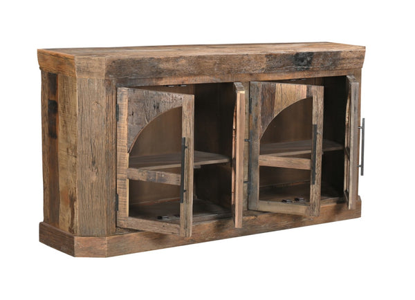 HomeRoots 72" Rustic Distressed Reclaimed Wood Sideboard with Glass Doors for Stylish Storage & Display 567994