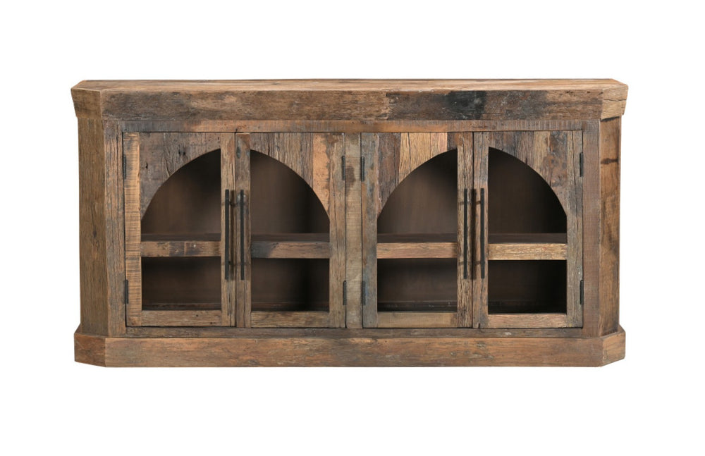 HomeRoots 72" Rustic Distressed Reclaimed Wood Sideboard with Glass Doors for Stylish Storage & Display 567994