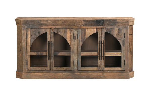 HomeRoots 72" Rustic Distressed Reclaimed Wood Sideboard with Glass Doors for Stylish Storage & Display 567994