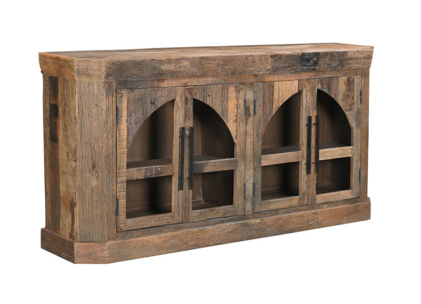 HomeRoots 72" Rustic Distressed Reclaimed Wood Sideboard with Glass Doors for Stylish Storage & Display 567994