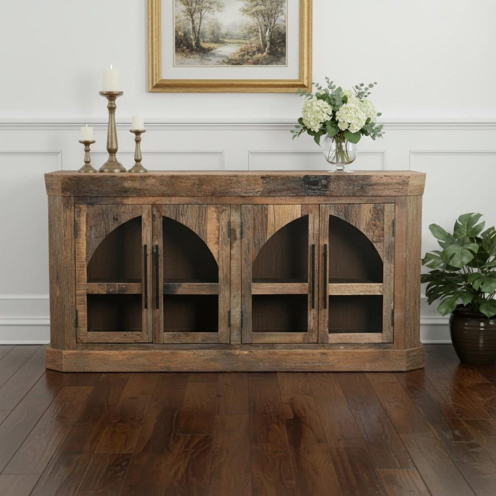 HomeRoots 72" Rustic Distressed Reclaimed Wood Sideboard with Glass Doors for Stylish Storage & Display 567994