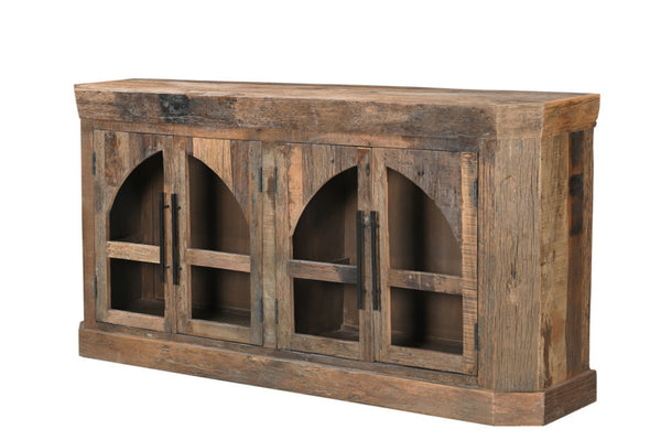 HomeRoots 72" Rustic Distressed Reclaimed Wood Sideboard with Glass Doors for Stylish Storage & Display 567994