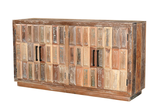 HomeRoots 71" Brown Distressed Reclaimed Wood Sideboard with Geometric Doors – Versatile Storage for Any Room 567995