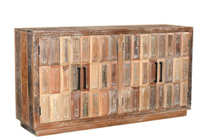 HomeRoots 71" Brown Distressed Reclaimed Wood Sideboard with Geometric Doors – Versatile Storage for Any Room 567995