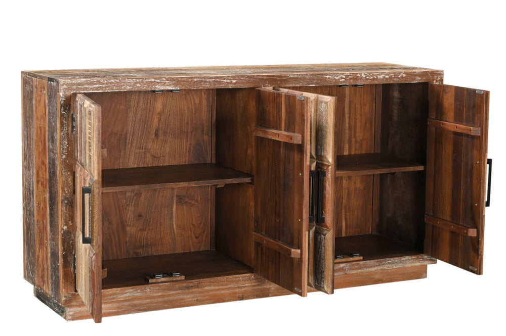 HomeRoots 71" Brown Distressed Reclaimed Wood Sideboard with Geometric Doors – Versatile Storage for Any Room 567995
