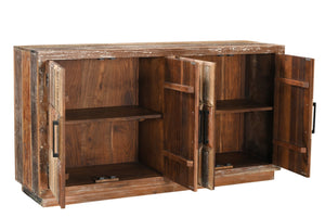 HomeRoots 71" Brown Distressed Reclaimed Wood Sideboard with Geometric Doors – Versatile Storage for Any Room 567995