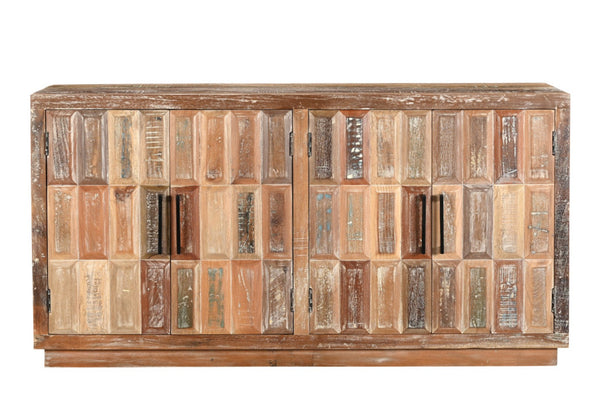 HomeRoots 71" Brown Distressed Reclaimed Wood Sideboard with Geometric Doors – Versatile Storage for Any Room 567995