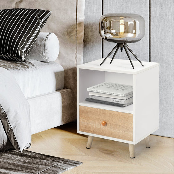 English Elm 2 Bedside Cupboard with Drawer and Shelf, White Nightstand with Pine Legs, Compact 15.75"L x 12"W x 21.5"H, Modern Storage Solution W2181P357561
