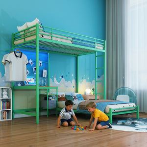 English Elm Bunk Bed Twin Over L-shaped Metal Frame with Desk Storage Shelves and Drawers W3752S00007
