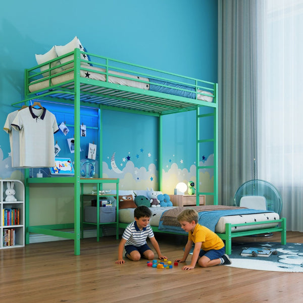 English Elm Bunk Bed Twin Over L-shaped Metal Frame with Desk Storage Shelves and Drawers W3752S00007
