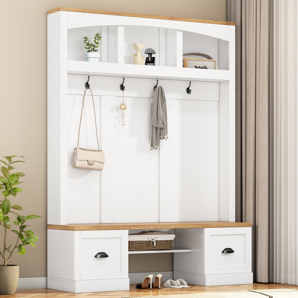English Elm On-Trend Farmhouse 4-In-1 Hall Tree With Stylish Storage Bench, Hooks, And Adjustable Shelves, White N721S000038K