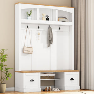 English Elm On-Trend Farmhouse 4-In-1 Hall Tree With Stylish Storage Bench, Hooks, And Adjustable Shelves, White N721S000038K