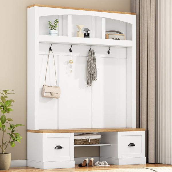 English Elm On-Trend Farmhouse 4-In-1 Hall Tree With Stylish Storage Bench, Hooks, And Adjustable Shelves, White N721S000038K