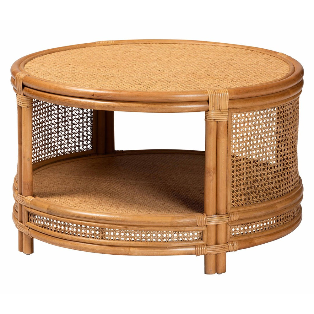 English Elm Modern Rattan Round Coffee Table with Open Weave Frame and Lower Shelf for Living Rooms B2750P467693