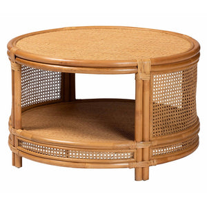 English Elm Modern Rattan Round Coffee Table with Open Weave Frame and Lower Shelf for Living Rooms B2750P467693