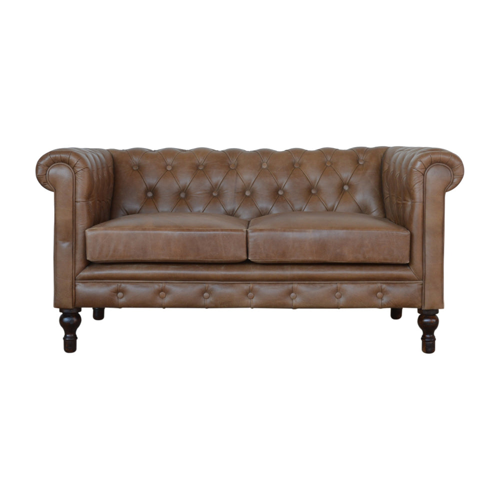 English Elm Solid Buffalo Leather Chesterfield 2-Seater Sofa in Brown Buffalo Hide, Solid Mango Wood Legs, Deep Tufted Classic Appeal B182P279308