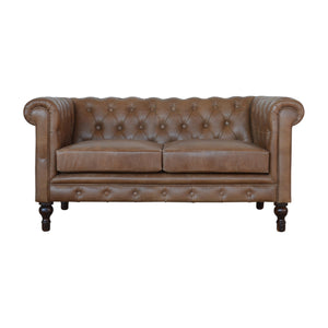 English Elm Solid Buffalo Leather Chesterfield 2-Seater Sofa in Brown Buffalo Hide, Solid Mango Wood Legs, Deep Tufted Classic Appeal B182P279308