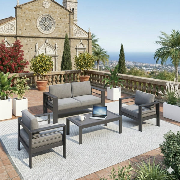 English Elm 4-piece Outdoor Aluminum Conversation Set with Deep Lounge Seating and Wpc Coffee Table Dark Grey B082S00089