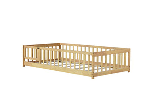 English Elm Twin Size Rubberwood Floor Bed with Safety Fence for Toddler Rooms Natural Finish W504P370531