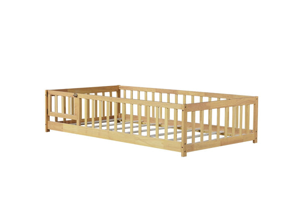 English Elm Twin Size Rubberwood Floor Bed with Safety Fence for Toddler Rooms Natural Finish W504P370531