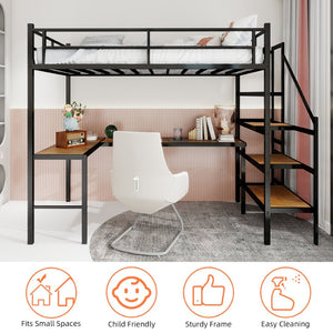 English Elm Loft Bed with L-shaped Desk Stair Storage and Full Guardrail Iron Frame Black W1935S00007