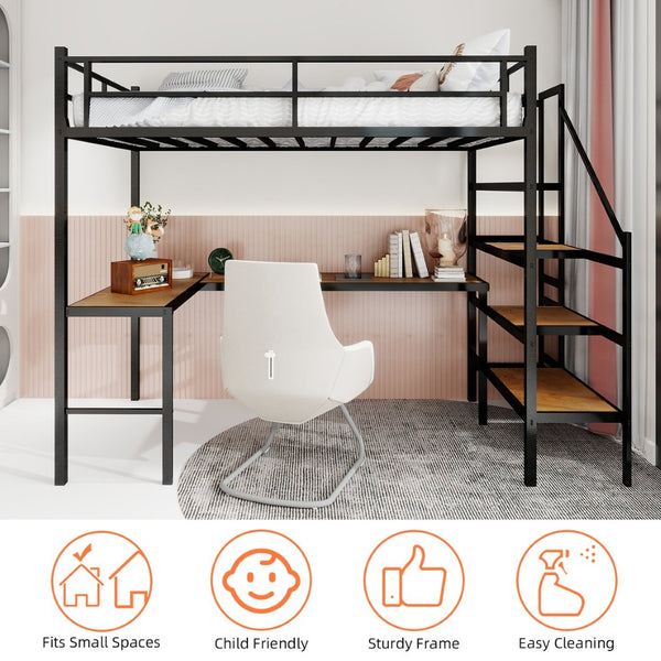English Elm Loft Bed with L-shaped Desk Stair Storage and Full Guardrail Iron Frame Black W1935S00007
