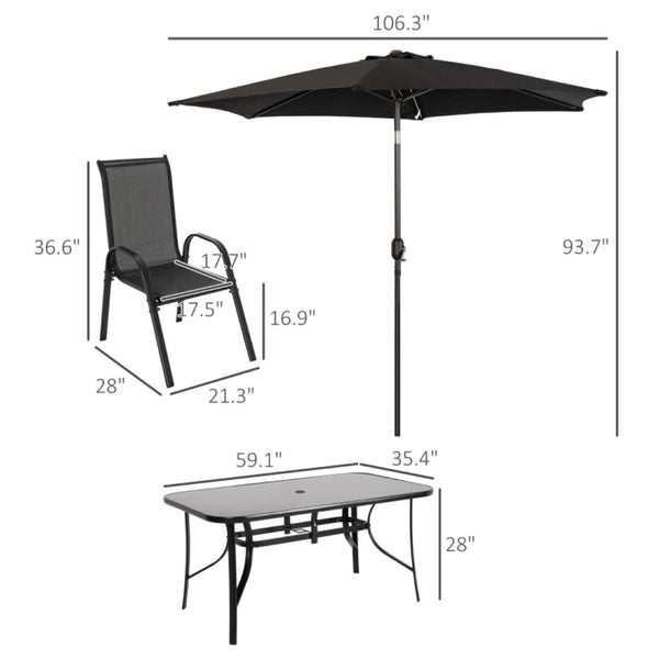 English Elm Outdoor Eight Piece Patio Dining Set with Mesh Chairs Tempered Glass Table and Umbrella T3971S00138