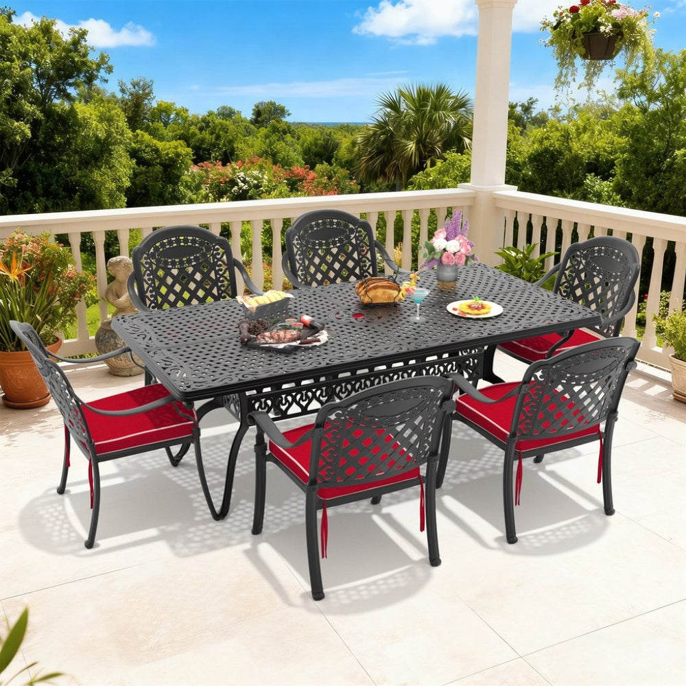 English Elm 7-piece Cast Aluminum Outdoor Dining Set with Carved Petal Motifs and Weather Resistant Frame W1710S00606
