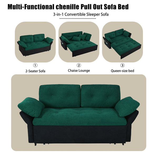 English Elm Convertible Pull Out Sofa Bed Queen Size with Steel Frame, Dual Armrests, Chenille Sleeper Couch with Storage and Casters Black+Green W3163P269679