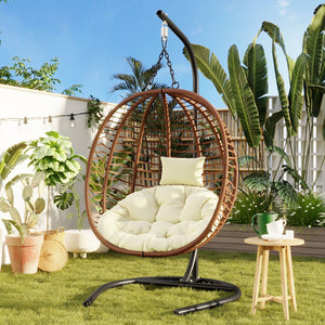 English Elm U_style Wicker Hanging Egg Chair with Stand Foldable Indoor Outdoor Swing Seat Brown+Beige N711P389503K
