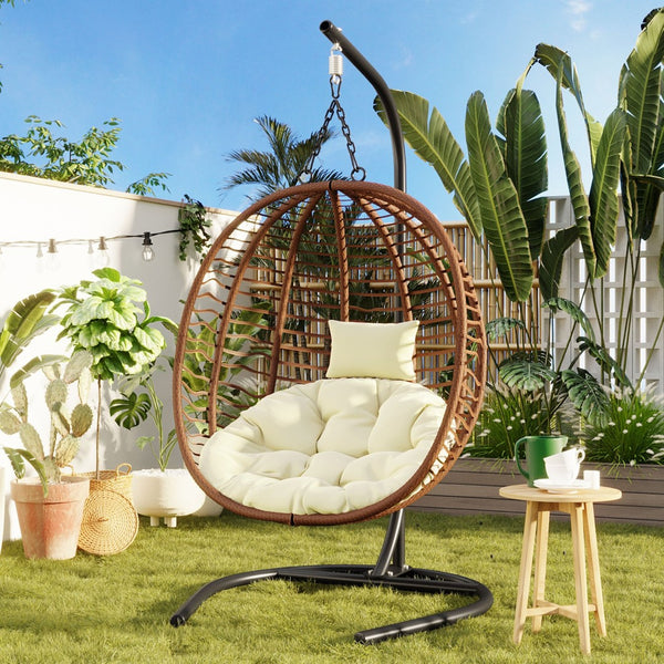 English Elm U_style Wicker Hanging Egg Chair with Stand Foldable Indoor Outdoor Swing Seat Brown+Beige N711P389503K