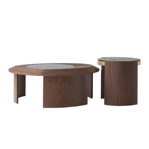 English Elm Tavola Modern Round Coffee Table Set with Walnut Veneer & Ripple Glass—Sturdy Two-Piece, Scratch-Resistant B341P321122