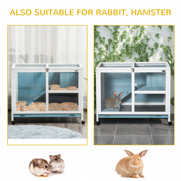 English Elm PawHut Compact Indoor Rabbit Hutch with Wheels and Plexiglass Window, Waterproof, Easy-Clean Tray Light Blue W2225P200743