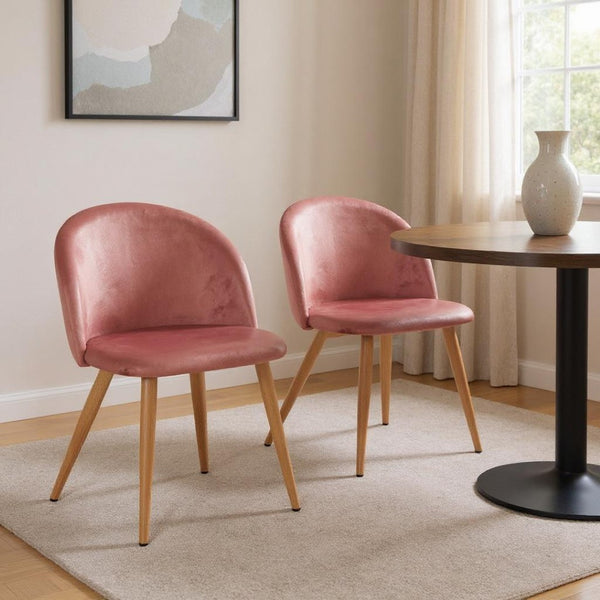HomeRoots Set of Two Pink Velvet Dining Chairs with Oak Legs - Mid-Century Modern Accent Seating for Any Space 568015