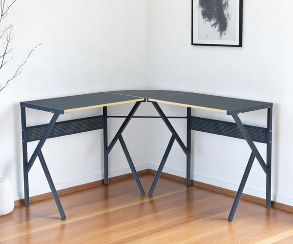 HomeRoots 49" Modern-Industrial Black Wood & Metal Corner H-Shape Computer Desk for Compact Spaces 568031