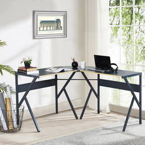 HomeRoots 49" Modern-Industrial Black Wood & Metal Corner H-Shape Computer Desk for Compact Spaces 568031