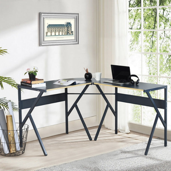 HomeRoots 49" Modern-Industrial Black Wood & Metal Corner H-Shape Computer Desk for Compact Spaces 568031