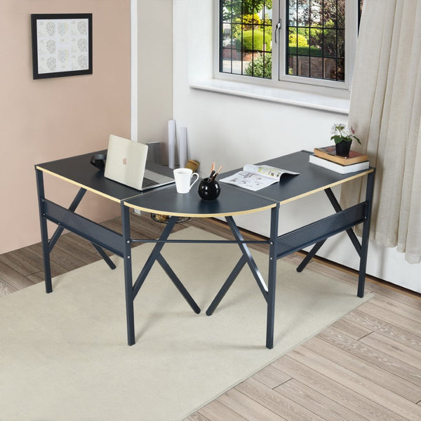 HomeRoots 49" Modern-Industrial Black Wood & Metal Corner H-Shape Computer Desk for Compact Spaces 568031