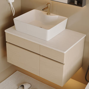English Elm 31.5 Inch Wall Mounted Bathroom Vanity with Ceramic Vessel Sink and Soft Close Storage W3136S00079