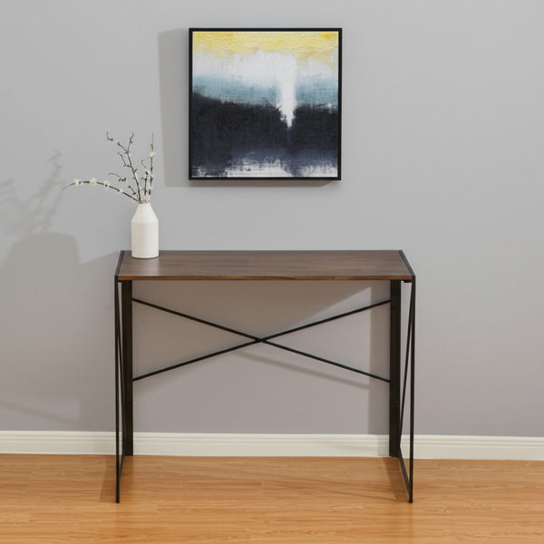 HomeRoots 39" Modern H-Shape Computer Desk - Stylish Brown Wood & Black Metal for Compact Workspaces & Storage 568043