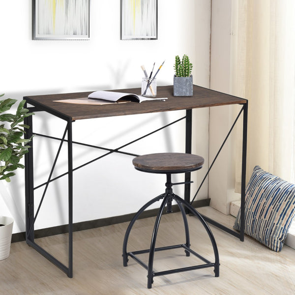 HomeRoots 39" Modern H-Shape Computer Desk - Stylish Brown Wood & Black Metal for Compact Workspaces & Storage 568043