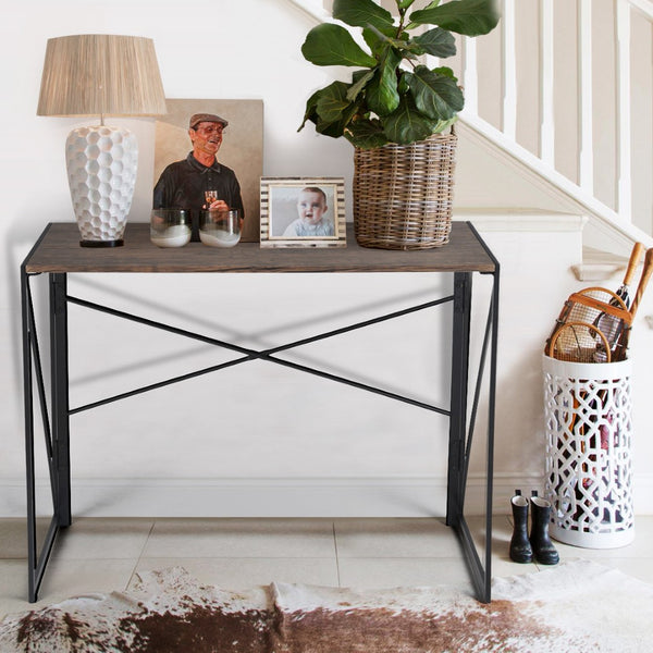 HomeRoots 39" Modern H-Shape Computer Desk - Stylish Brown Wood & Black Metal for Compact Workspaces & Storage 568043