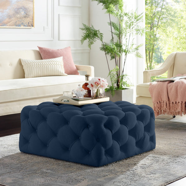 Homeroots 33" Chic Velvet Rolling Tufted Cocktail Ottoman - Stylish Multi-functional Furniture For Any Room Navy  568051