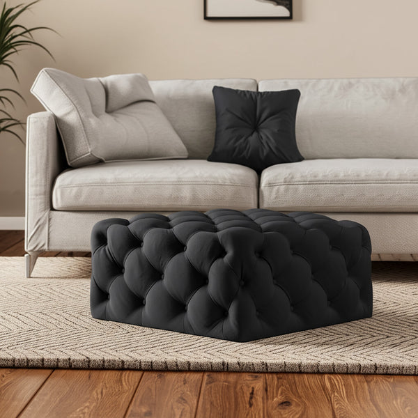 Homeroots 33" Chic Velvet Rolling Tufted Cocktail Ottoman - Stylish Multi-functional Furniture For Any Room Black  568052