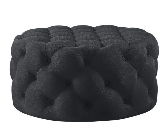 Homeroots 33" Elegant Linen Tufted Round Cocktail Ottoman - Chic Accent For Stylish Seating & Entertaining Black  568053